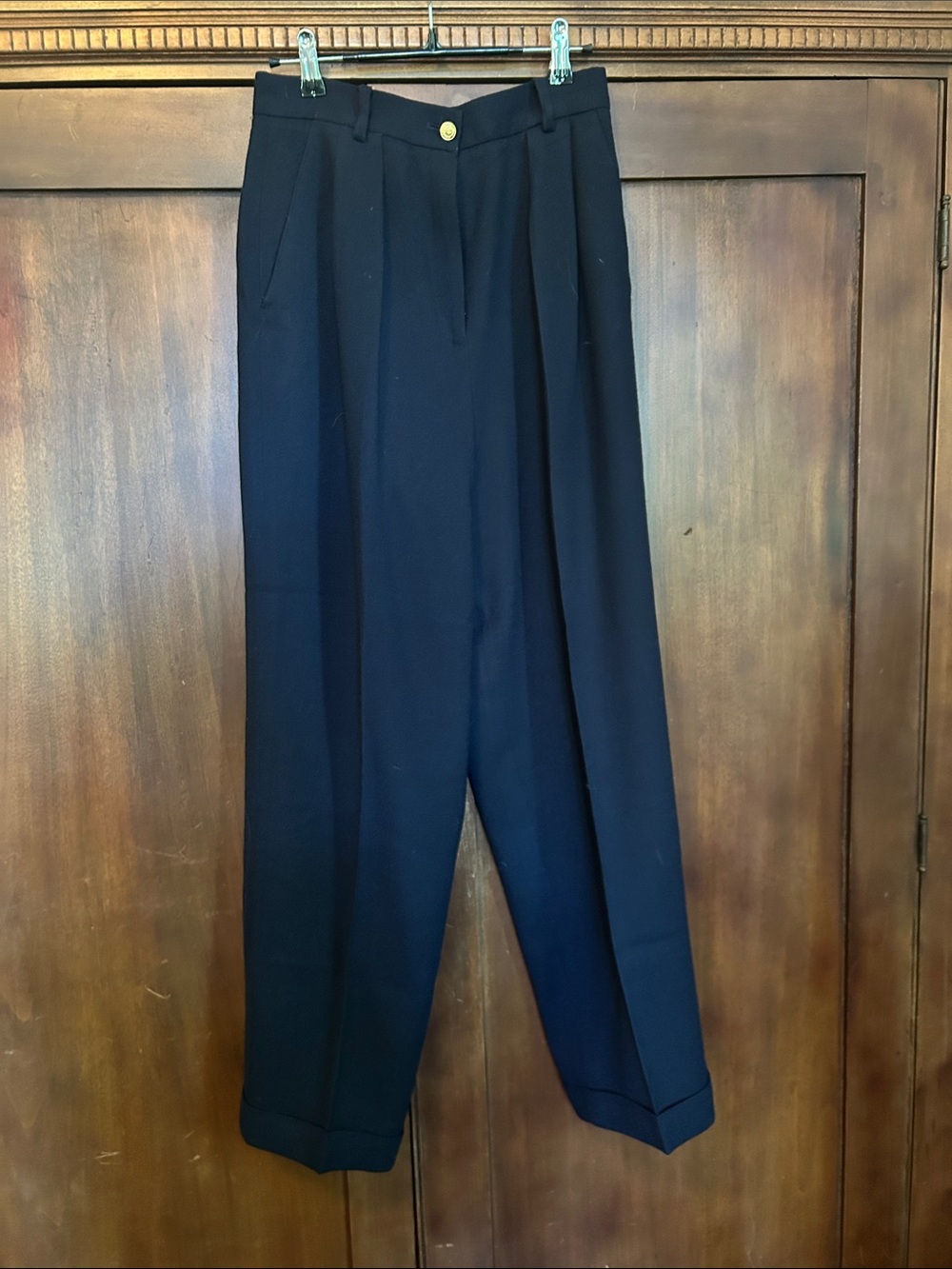 80s 90s Tailored Navy Crepe Wool Pleated Cuffed Lined Pants 8